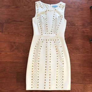 Cream sheath dress with gold metallic detailing